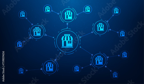 business franchise shop store world connection background. investment expand with location world map. open new branch shop global network connection. vector illustration fantastic hi-tech design.