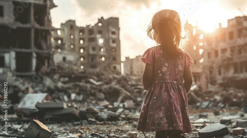 Little girl standing alone against the background of destroyed buildings AI generated image photo