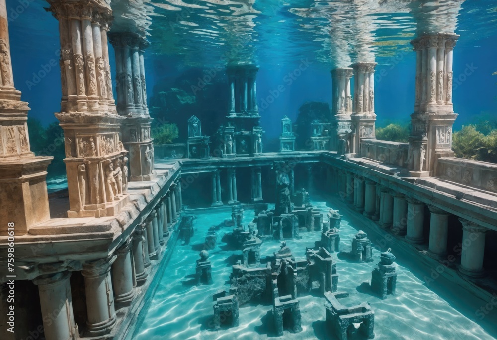 Underwater ruins of the sunken city of Atlantis. Mystical mysteries of the history of civilization lost under water. Generation Ai