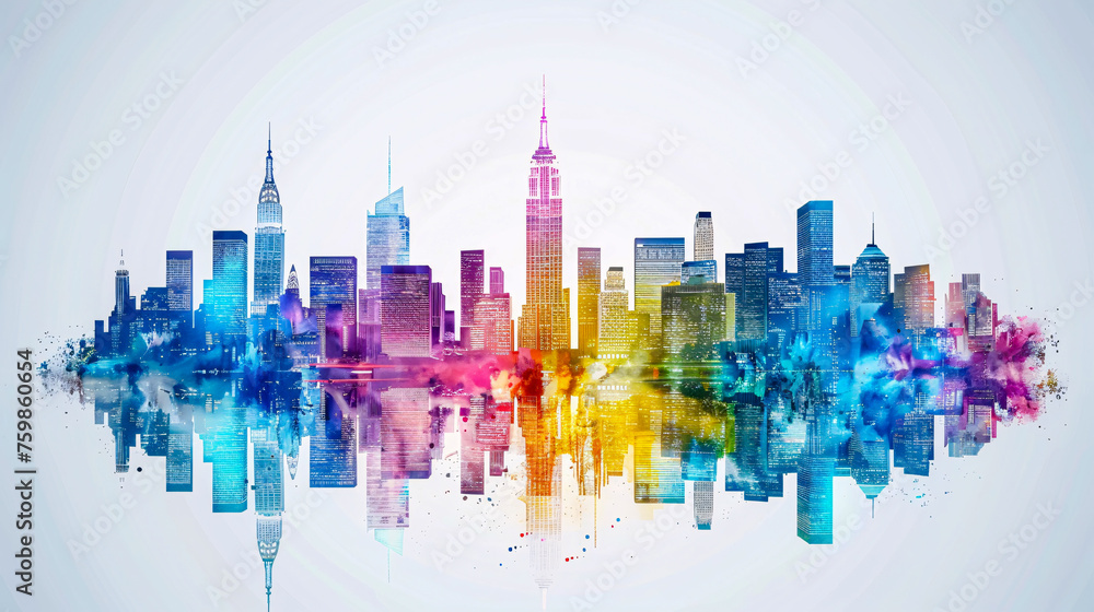 Colorful Cityscape Illustration, Vibrant Urban Skyline with Watercolor Effect, Artistic City View