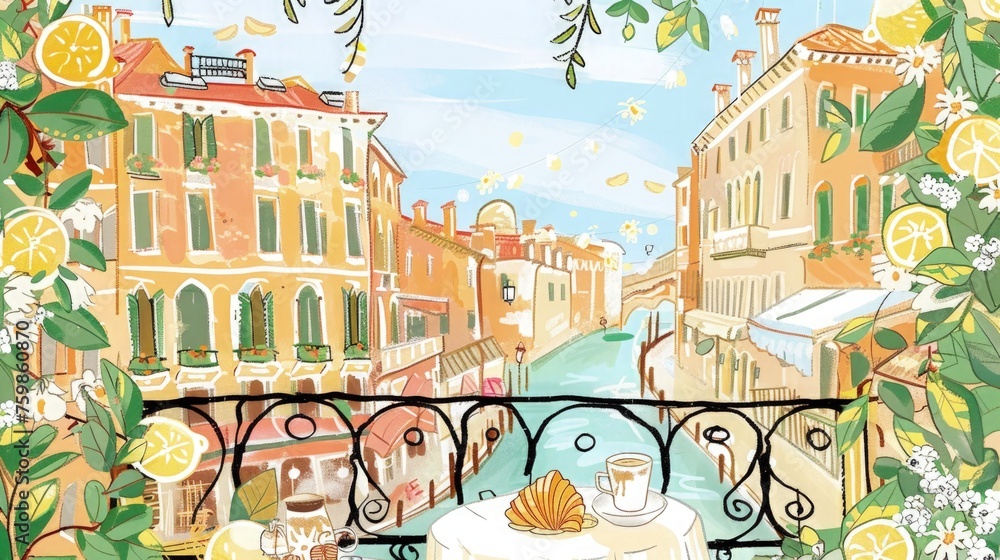 Cute Illustration of Venice, Italy Good Morning with a Coffee and Croissant Vibrant Colors Background 16:9
