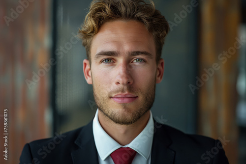 Mann Männlich, jung, gutaussehend, klare Haut, Vorderseite, Blick in die Kamera, Lächeln, weißes Hemd, rote Krawatte, dunkler Anzug