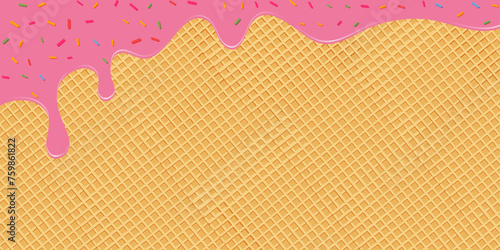 Strawberry Ice Cream With Colorful Sprinkles In Waffle Cone. Sweet Background Concept.