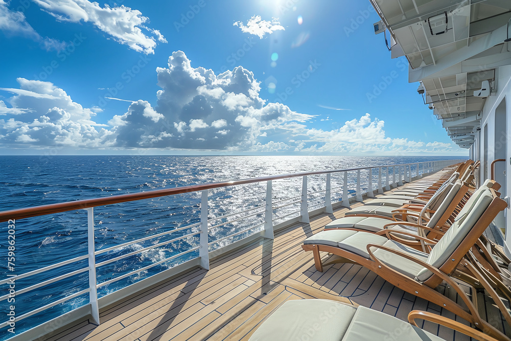 A luxurious cruise ship sailing on the vast ocean, encircled by inviting sun loungers A luxurious cruise ship sailing on the vast ocean, encircled by inviting sun loungers