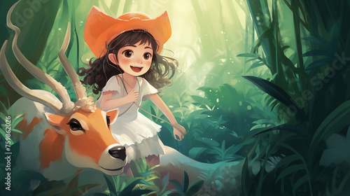 Garota montada em um antílope na floresta - Ilustração Infantil