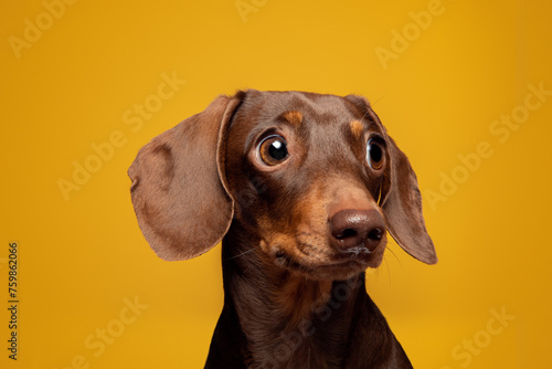 Dachshund Small Dog Yellow Background Studio Headshot © Alexandra