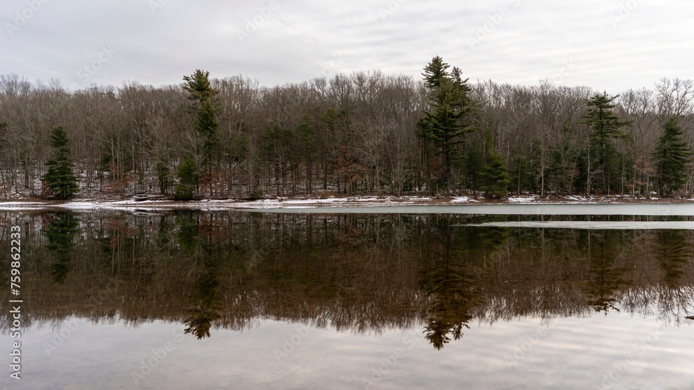Reflection of trees in the snowy, still waters of Deep Creek Lake, located in rural western Maryland Reflection of trees in the snowy, still waters of Deep Creek Lake, located in rural western Maryland