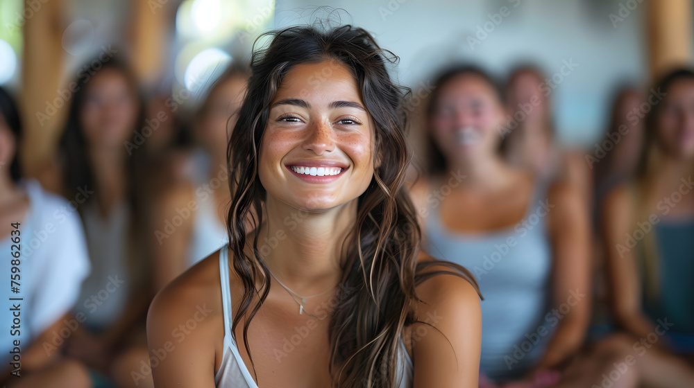 Fototapeta premium caucasion women, brunette, fit sitting smiling leading a session in a meditation class