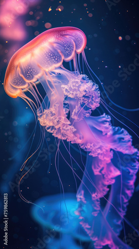 glowing jellyfish swimming with long poisonous tentacles, vertical © yanapopovaiv