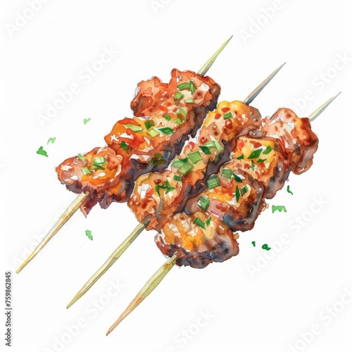 Watercolor illustration of three succulent Asian-style grilled chicken skewers garnished with spring onions, ideal for culinary themes or festival food concepts