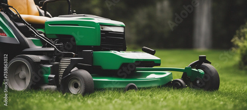 Modern lawn mower on green grass. photo