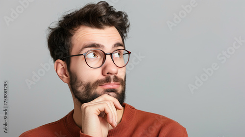 Pensive caucasian man isolated on gray background