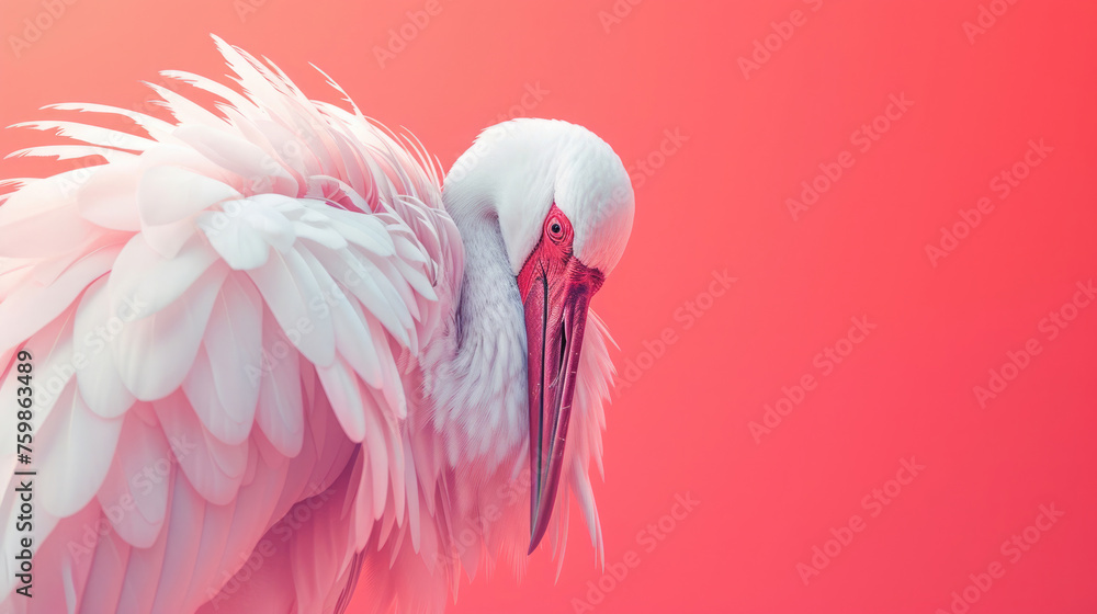 stork tilted its head, bird on its side, empty space for text, pink background with a coral tint - obrazy, fototapety, plakaty 