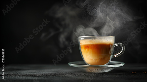 Transparent cup of steaming coffee with milk that did not reach the bottom isolated on black background. copy space. generative ai 