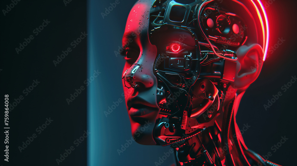 Portrait Of Two Faces Showing Woman And Robot Portrait Of Two Faces Showing Woman And Robot
