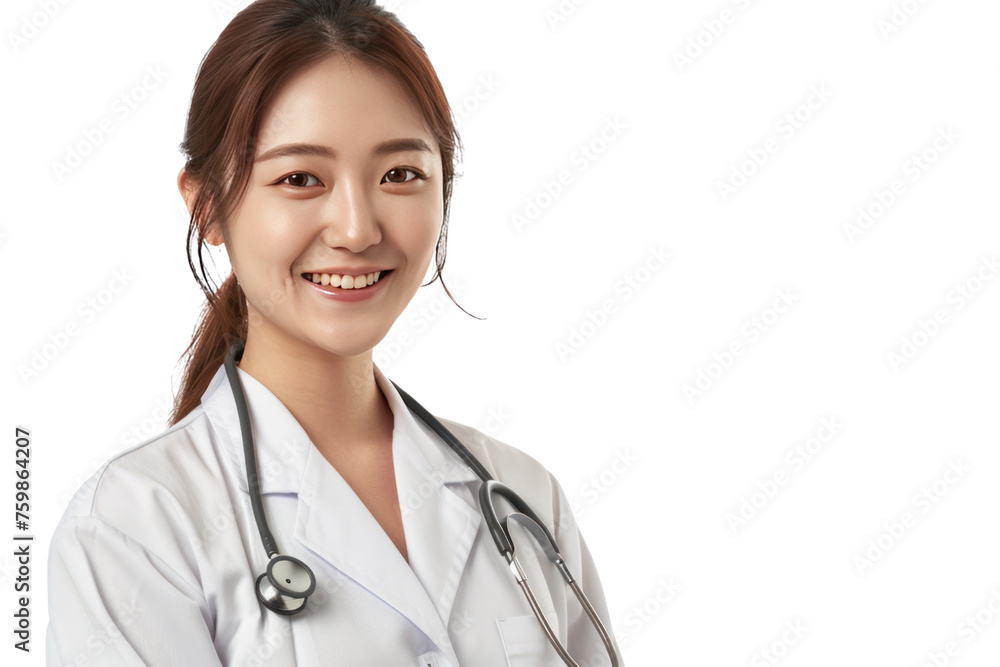Portrait of smiling female doctor in white coat with stethoscope Isolated on transparent background. Portrait of smiling female doctor in white coat with stethoscope Isolated on transparent background.