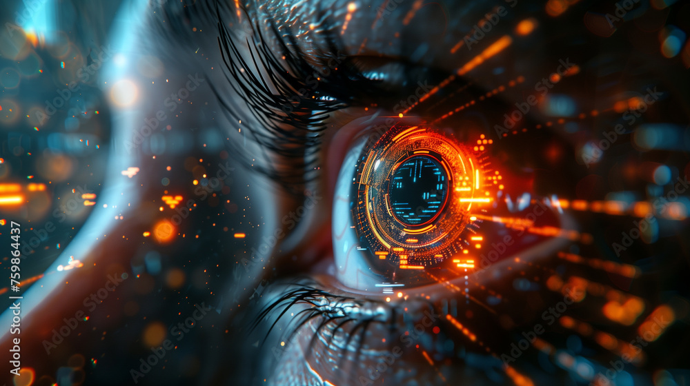 A close up of a person's eye with a glowing orange circle in the center A close up of a person's eye with a glowing orange circle in the center