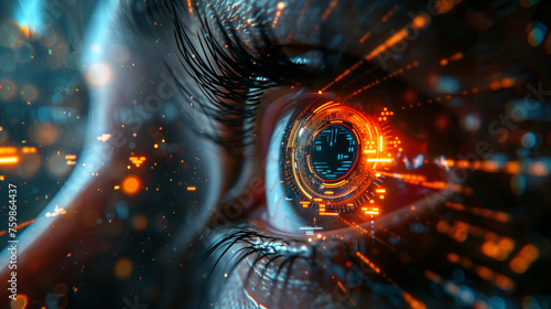 A close up of a person's eye with a glowing orange circle in the center