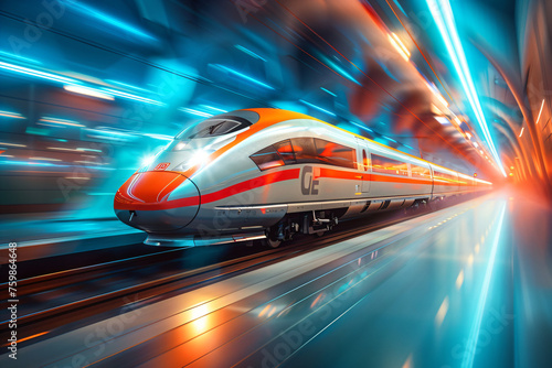 Dynamic high-speed train in motion. Futuristic railway transportation concept artwork for modern travel and technology themes