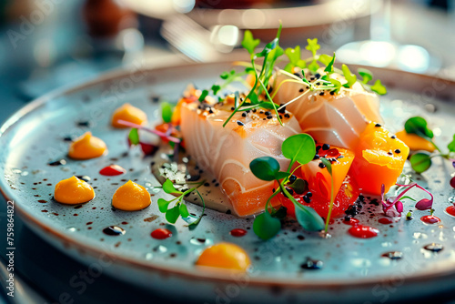 A beautifully plated salmon with edible flower garnish and artistic sauce drops, showcasing modern culinary skills photo