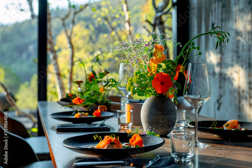 An image of a table beautifully adorned with natural elements and flowers, under the soft sunlight, creating an inviting and serene dining setup photo