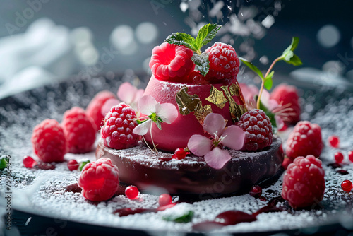 A visually captivating dessert with vibrant raspberries, dusted with sugar against a dark background, emanating luxury and indulgence photo