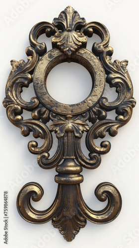keyhole with gilding, curly smooth monograms, bends, metal on a white background isolated
