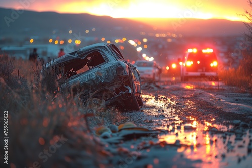 The aftermath of a car crash is illuminated by the glowing sunset and approaching emergency vehicle lights in the background photo