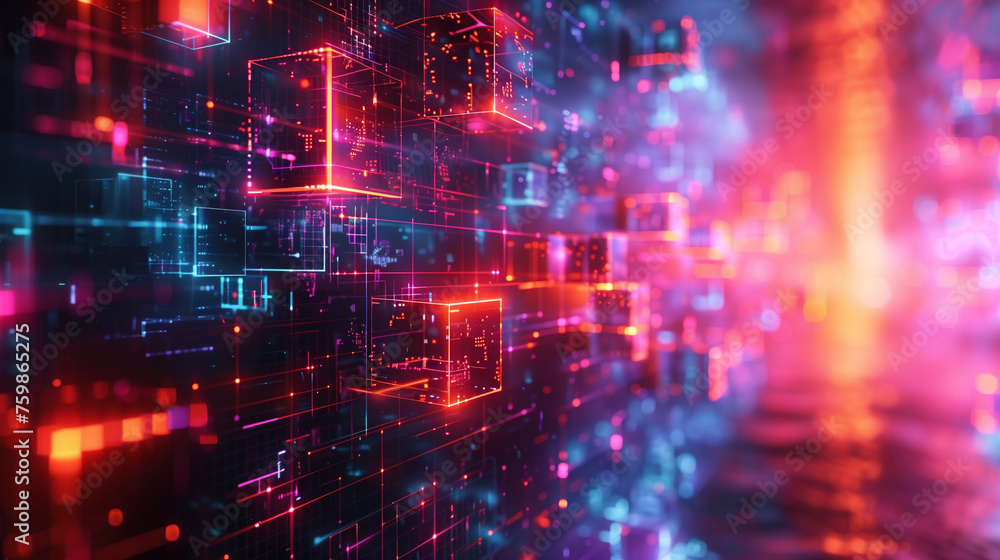 A colorful image of a cityscape with neon lights and blocks of different colors A colorful image of a cityscape with neon lights and blocks of different colors