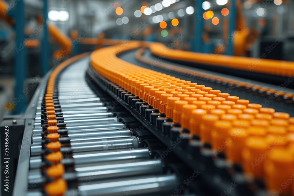 An image of empty, vibrant yellow conveyor belts curving inside a factory setting An image of empty, vibrant yellow conveyor belts curving inside a factory setting