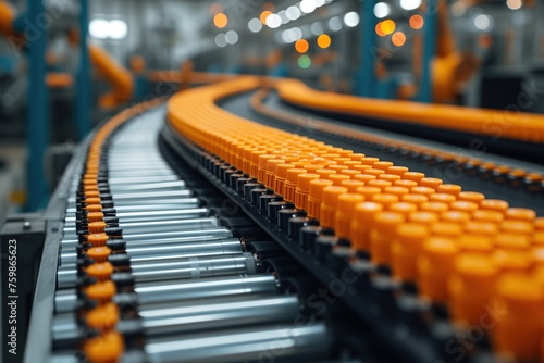 An image of empty, vibrant yellow conveyor belts curving inside a factory setting