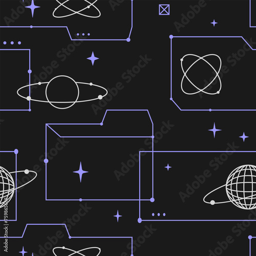 Seamless pattern with retro abstract geometric forms and cyberpunk elements. Vector background in retro computer aesthetic. User interface retro futuristic concept