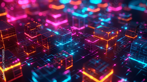 A colorful image of a cityscape with neon lights and glowing squares