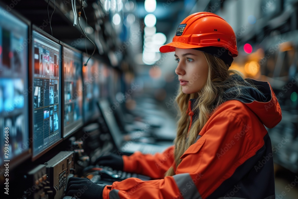 A female engineer controls complex machinery in an industrial plant, denoting high skill and concentration A female engineer controls complex machinery in an industrial plant, denoting high skill and concentration
