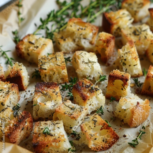 croutons still warm from the oven, dusted with herbs
