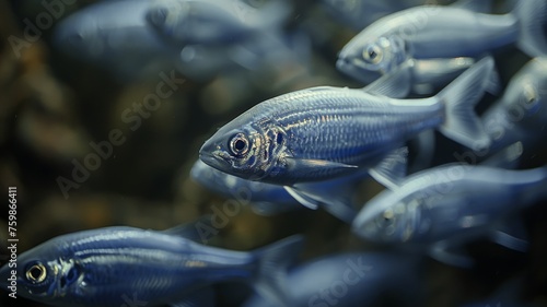 Serene school of fish gliding through deep blue ocean with sunbeams