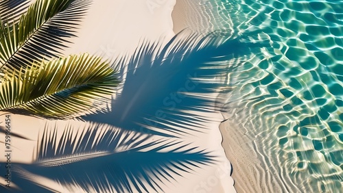 Capture the beauty of tropical paradise with a top view of palm leaf shadows on water surface and white sand beach. Perfect for tranquil and exotic themed designs.