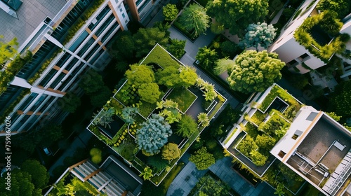 Sustainable green infrastructure, with urban buildings surrounded by abundant plant life, vertical gardens, and rooftop green spaces promoting an environmentally conscious urban environment.