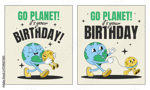 Set of posters for Earth day in groovy style. Cute cards with Earth and Moon. Vector illustration