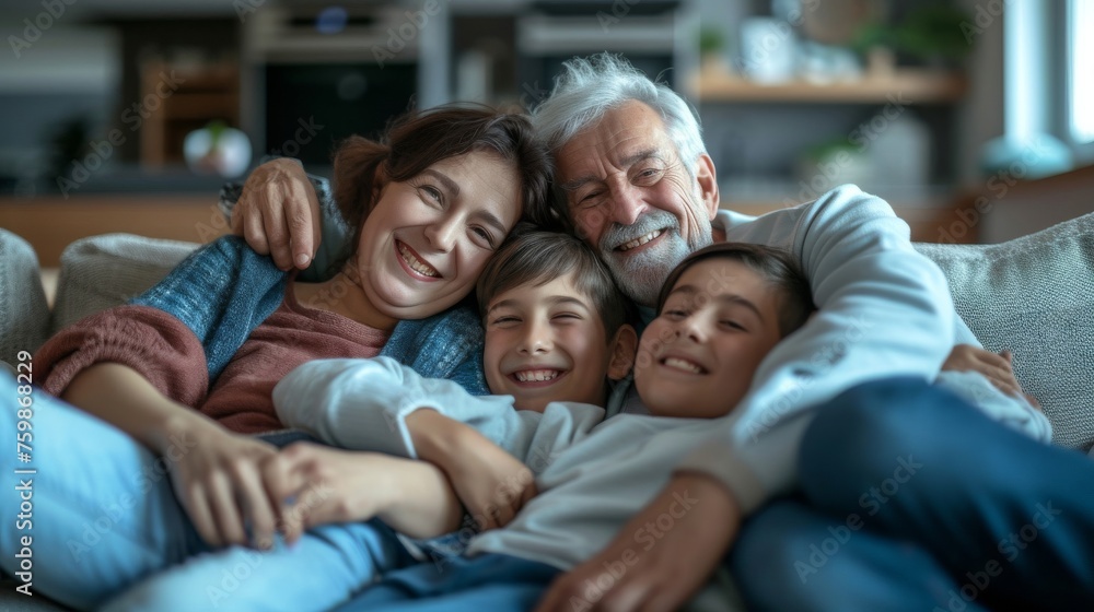 A snapshot of familial joy unfolds on a sofa, where different ages share smiles A snapshot of familial joy unfolds on a sofa, where different ages share smiles