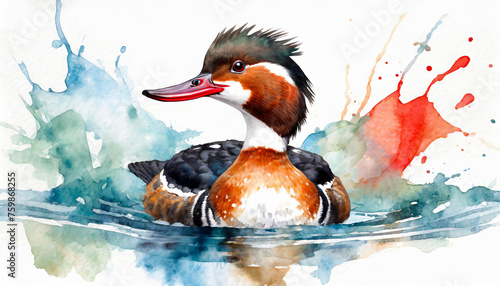 A watercolor of a red breasted merganser dock photo