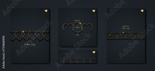 Happy Mothers day vector set greeting card. Gold Mom hearts on black background. Golden holiday poster with text. Concept for mother's day banner, flyer, party invitation, gift shop, templates