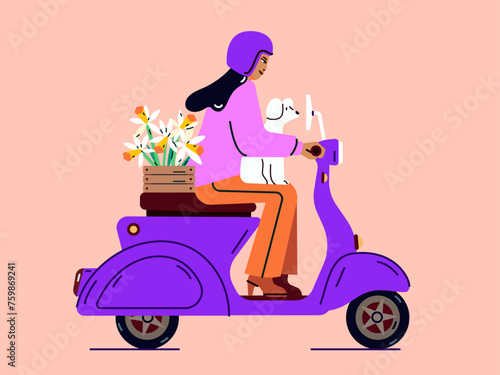Illustration of a girl on a scooter with a dog and flowers. Woman on a moped. Flat vector illustration of a girl with a dog on a bike. Spring. Spring time