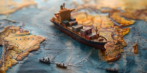 Global trade symbol miniature container ship on map space for text. Concept Miniature Container Ship, Global Trade, World Map, Text Space, Symbol © Ян Заболотний