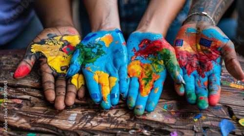 Multiple hands with a colorful world map painted on them, showcasing cultural diversity and global unity.