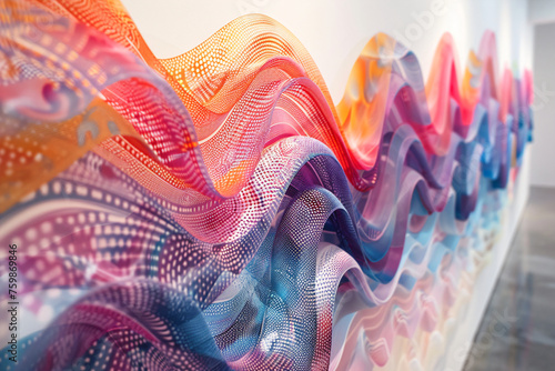 Vibrant fabric art installation with flowing wave patterns in a gradient of blue, purple, and orange. Textile design concept for interior decoration displayed in an art gallery
