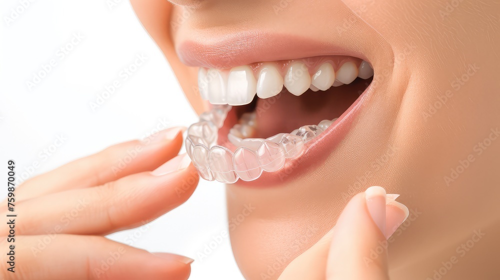 Naklejka premium Young Caucasian woman inserting a dental aligner. Close-up view. The aligner glides on, paving the way to a radiant smile.