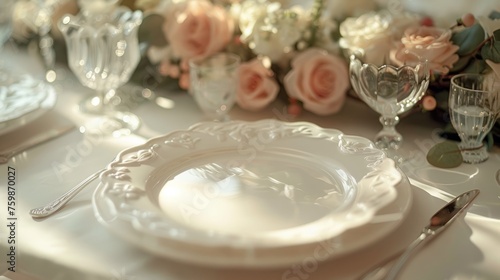 Elegant table setting with pink flowers in restaurant, Festive table setting for Valentine's Day