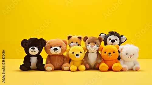 A group of cheerful, stuffed animal friends gathered on a sunny, lemon-yellow background.