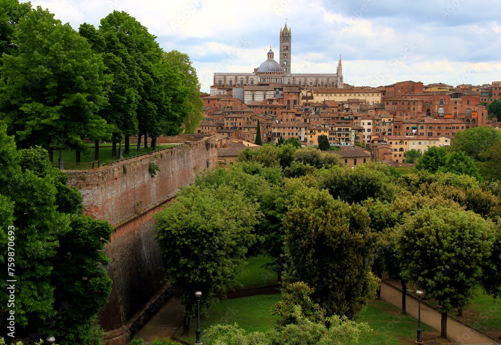 Panoramic view of the historic part of the city of Siena with the Duomo di Siena and green trees and bushes in the foreground against a blue sky with clouds in the Tuscany region of Italy